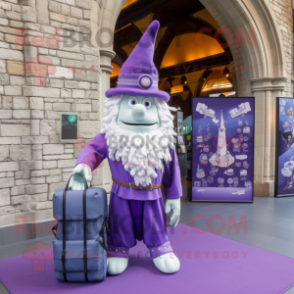 Lavender Irish Castle mascot costume character dressed with a Leggings and Briefcases