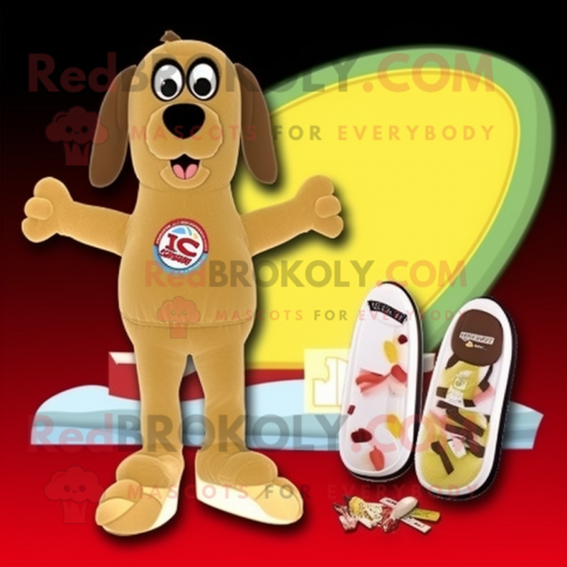 Beige Hot Dog mascot costume character dressed with a Board Shorts and Coin purses