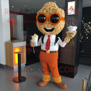 Rust Pop Corn mascot costume character dressed with a Cocktail Dress and Tie pins