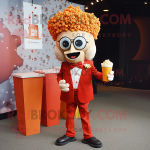 Rust Pop Corn mascot costume character dressed with a Cocktail Dress and Tie pins