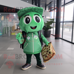 Green Pizza mascot costume character dressed with a Jacket and Tote bags