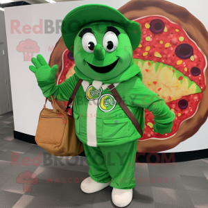 Green Pizza mascot costume character dressed with a Jacket and Tote bags