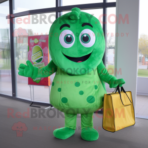 Green Pizza mascot costume character dressed with a Jacket and Tote bags