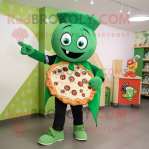 Green Pizza mascot costume character dressed with a Jacket and Tote bags