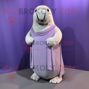 Lavender Walrus mascot costume character dressed with a A-Line Skirt and Shoe laces
