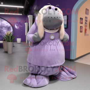 Lavender Walrus mascot costume character dressed with a A-Line Skirt and Shoe laces