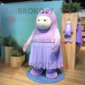 Lavender Walrus mascot costume character dressed with a A-Line Skirt and Shoe laces