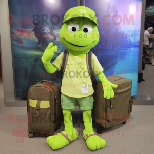 Lime Green Engagement Ring mascot costume character dressed with a Cargo Shorts and Messenger bags