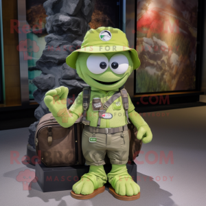 Lime Green Engagement Ring mascot costume character dressed with a Cargo Shorts and Messenger bags