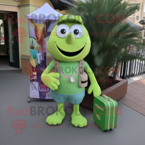 Lime Green Engagement Ring mascot costume character dressed with a Cargo Shorts and Messenger bags