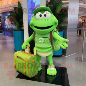 Lime Green Engagement Ring mascot costume character dressed with a Cargo Shorts and Messenger bags