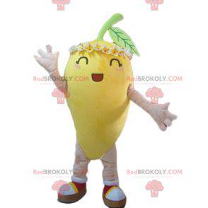 Mascota de limón amarillo con flores en la cabeza. -