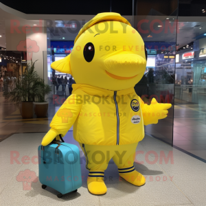 Lemon Yellow Blue Whale mascot costume character dressed with a Windbreaker and Coin purses