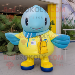 Lemon Yellow Blue Whale mascot costume character dressed with a Windbreaker and Coin purses