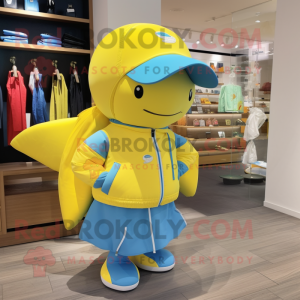 Lemon Yellow Blue Whale mascot costume character dressed with a Windbreaker and Coin purses