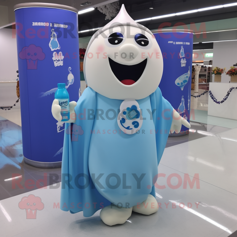 Blue Bottle Of Milk mascot costume character dressed with a Jumpsuit and Shawls