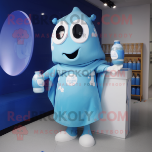 Blue Bottle Of Milk mascot costume character dressed with a Jumpsuit and Shawls