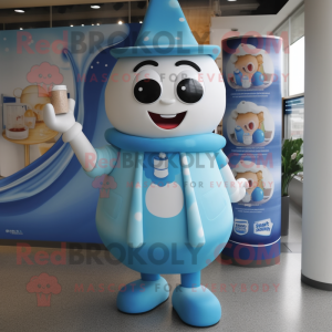 Blue Bottle Of Milk mascot costume character dressed with a Jumpsuit and Shawls