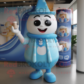 Blue Bottle Of Milk mascot costume character dressed with a Jumpsuit and Shawls