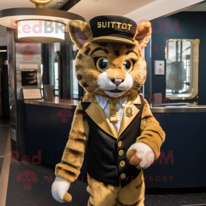 Gold Bobcat mascot costume character dressed with a Midi Dress and Berets