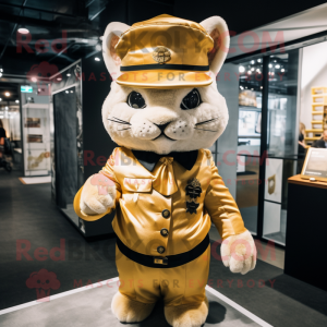 Gold Bobcat mascot costume character dressed with a Midi Dress and Berets