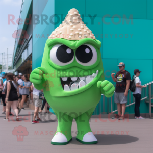 Green Pop Corn mascot costume character dressed with a One-Piece Swimsuit and Foot pads