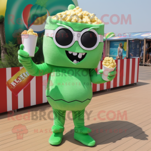 Green Pop Corn mascot costume character dressed with a One-Piece Swimsuit and Foot pads