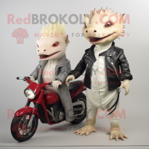 Cream Axolotls mascot costume character dressed with a Biker Jacket and Ties