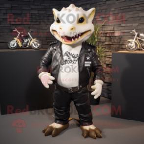 Cream Axolotls mascot costume character dressed with a Biker Jacket and Ties