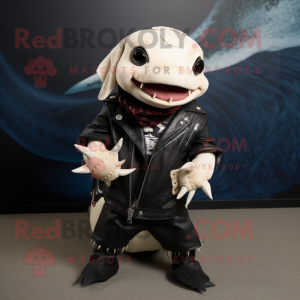 Cream Axolotls mascot costume character dressed with a Biker Jacket and Ties