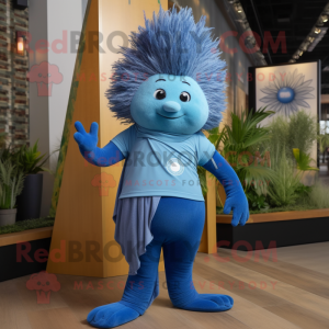 Blue Porcupine mascot costume character dressed with a Yoga Pants and Ties