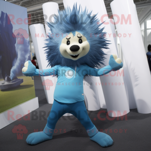 Blue Porcupine mascot costume character dressed with a Yoga Pants and Ties