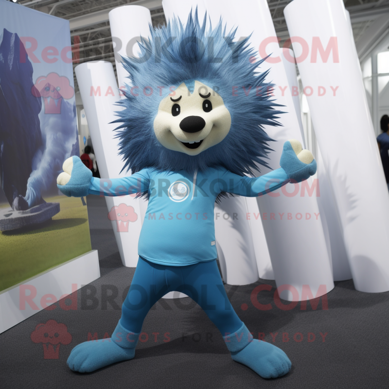 Blue Porcupine mascot costume character dressed with a Yoga Pants and Ties Blue Porcupine mascot costume character dressed with a Yoga Pants and Ties