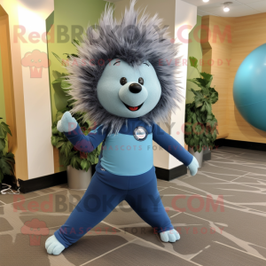 Blue Porcupine mascot costume character dressed with a Yoga Pants and Ties