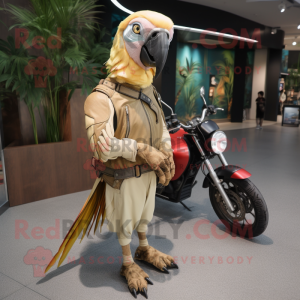 Beige Macaw mascot costume character dressed with a Moto Jacket and Messenger bags