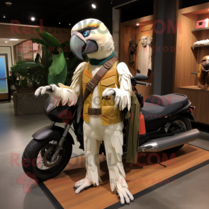Beige Macaw mascot costume character dressed with a Moto Jacket and Messenger bags