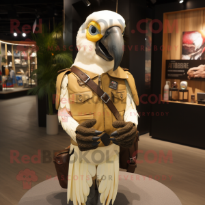 Beige Macaw mascot costume character dressed with a Moto Jacket and Messenger bags
