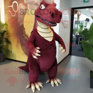 Maroon Iguanodon mascot costume character dressed with a Sheath Dress and Hairpins