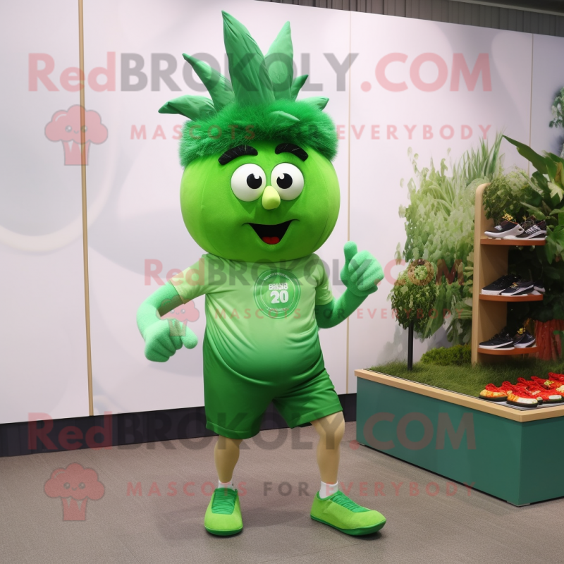 Forest Green Onion mascot costume character dressed with a Running Shorts and Gloves