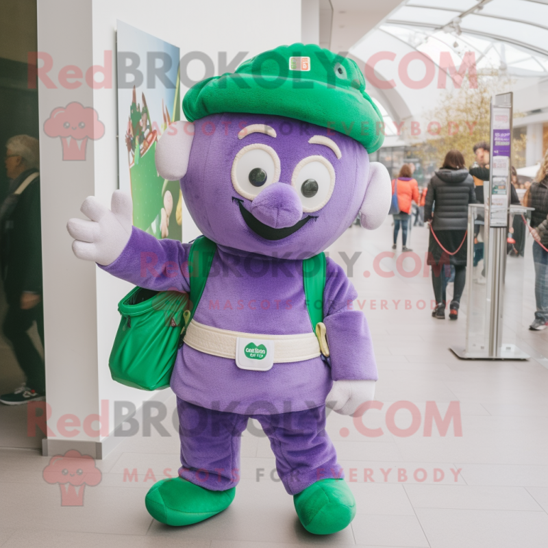 Lavender Irish Flag mascot costume character dressed with a Dungarees and Messenger bags