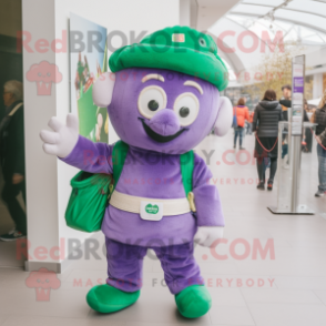 Lavender Irish Flag mascot costume character dressed with a Dungarees and Messenger bags