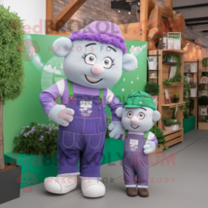 Lavender Irish Flag mascot costume character dressed with a Dungarees and Messenger bags