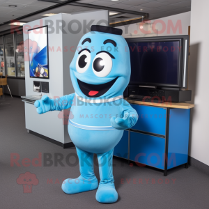 Sky Blue Television mascot costume character dressed with a Vest and Bracelet watches