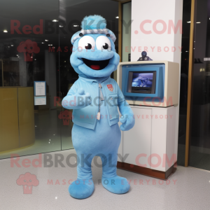 Sky Blue Television mascot costume character dressed with a Vest and Bracelet watches