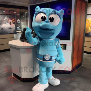 Sky Blue Television mascot costume character dressed with a Vest and Bracelet watches