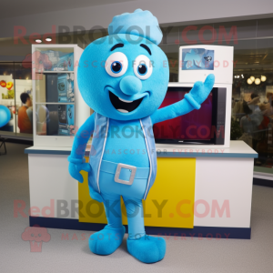 Sky Blue Television mascot costume character dressed with a Vest and Bracelet watches