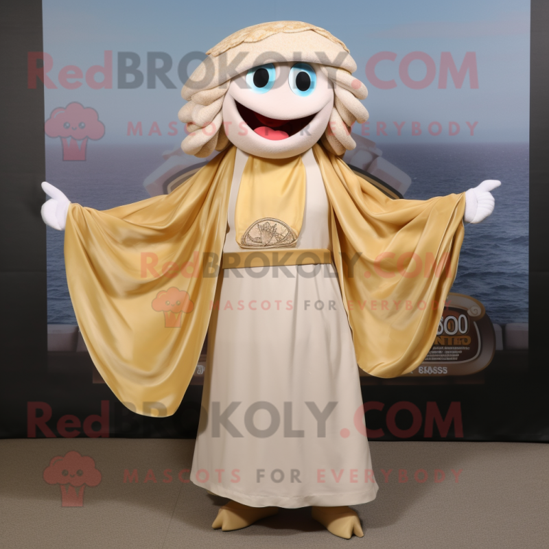 Gold Clam Chowder mascot costume character dressed with a Maxi Dress and Scarf clips