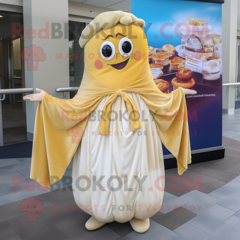 Gold Clam Chowder mascot costume character dressed with a Maxi Dress and Scarf clips