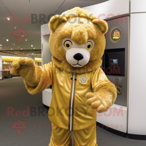 Gold Tamer Lion mascot costume character dressed with a Hoodie and Mittens