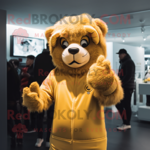 Gold Tamer Lion mascot costume character dressed with a Hoodie and Mittens